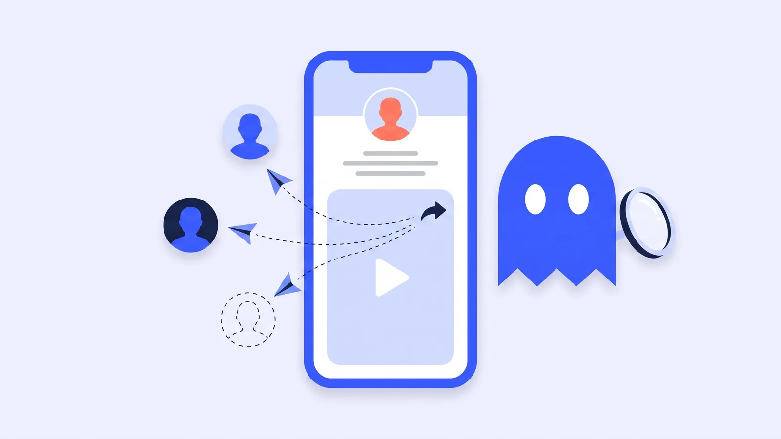 A phone sending a video out to several faceless profile badges, with the Tik Ghost ghost and a magnifying glass beside it