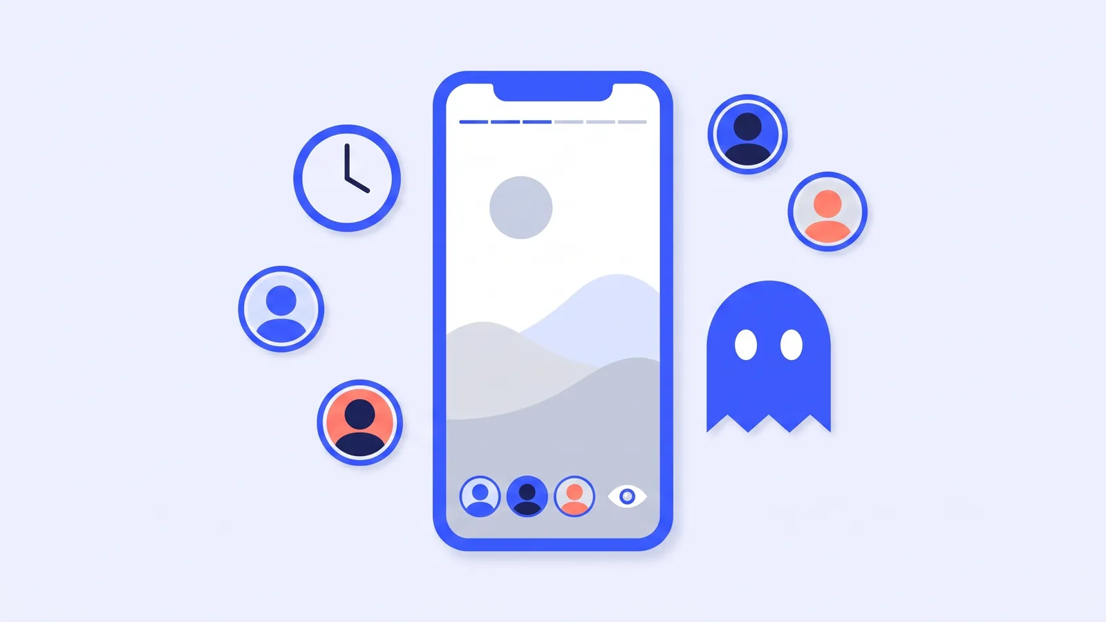 Un telefono con una storia e gli avatar degli spettatori in basso, circondato da cerchi delle storie, un orologio e il fantasma di TikGhost
