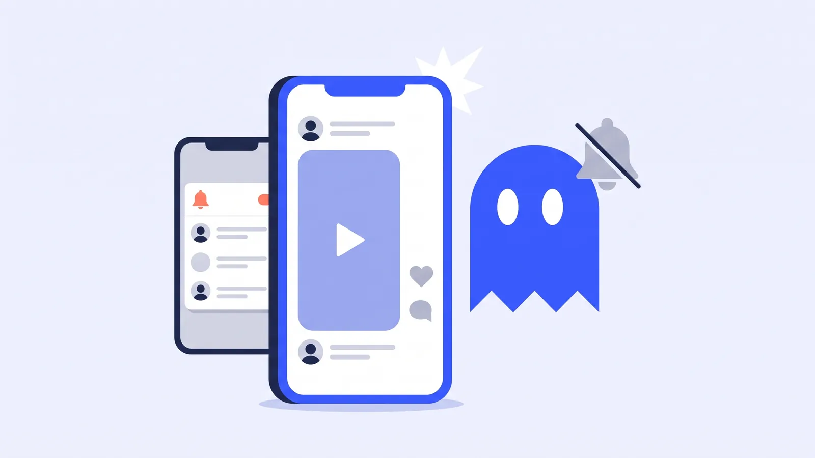 Il lampo di uno screenshot su un telefono che mostra un video, con il fantasma di TikGhost e una campanella delle notifiche silenziata
