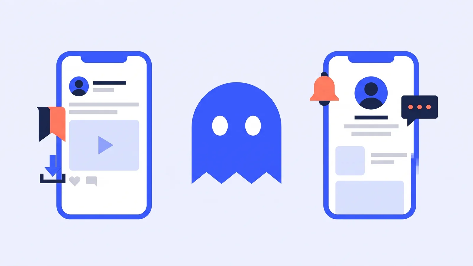 Due telefoni, uno che salva un video con un segnalibro e una freccia di download e l'altro con una campanella delle notifiche, con il fantasma di TikGhost in mezzo