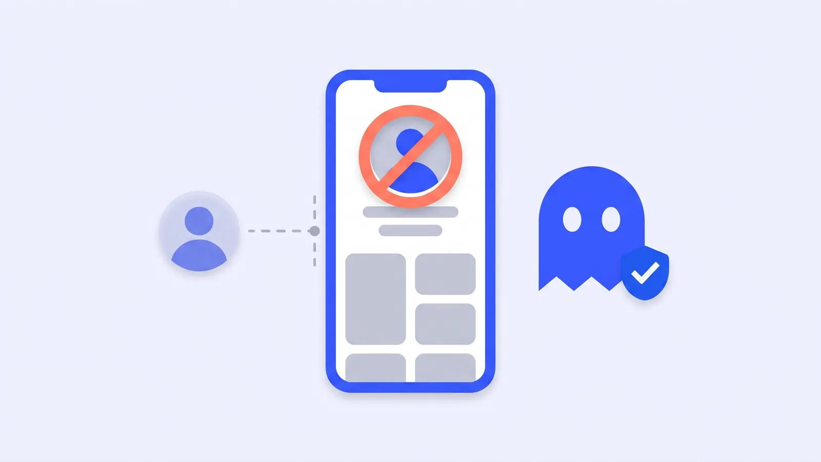 Un telefono con un profilo e un simbolo rosso di divieto sulla foto, un altro badge di profilo fermo dietro una linea tratteggiata e il fantasma di TikGhost accanto a uno scudo