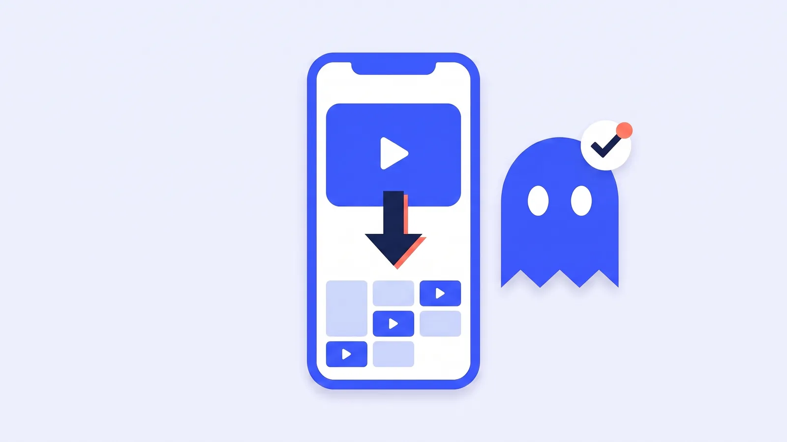 Un telefono che salva un video nella galleria foto, con il fantasma di TikGhost e un segno di spunta