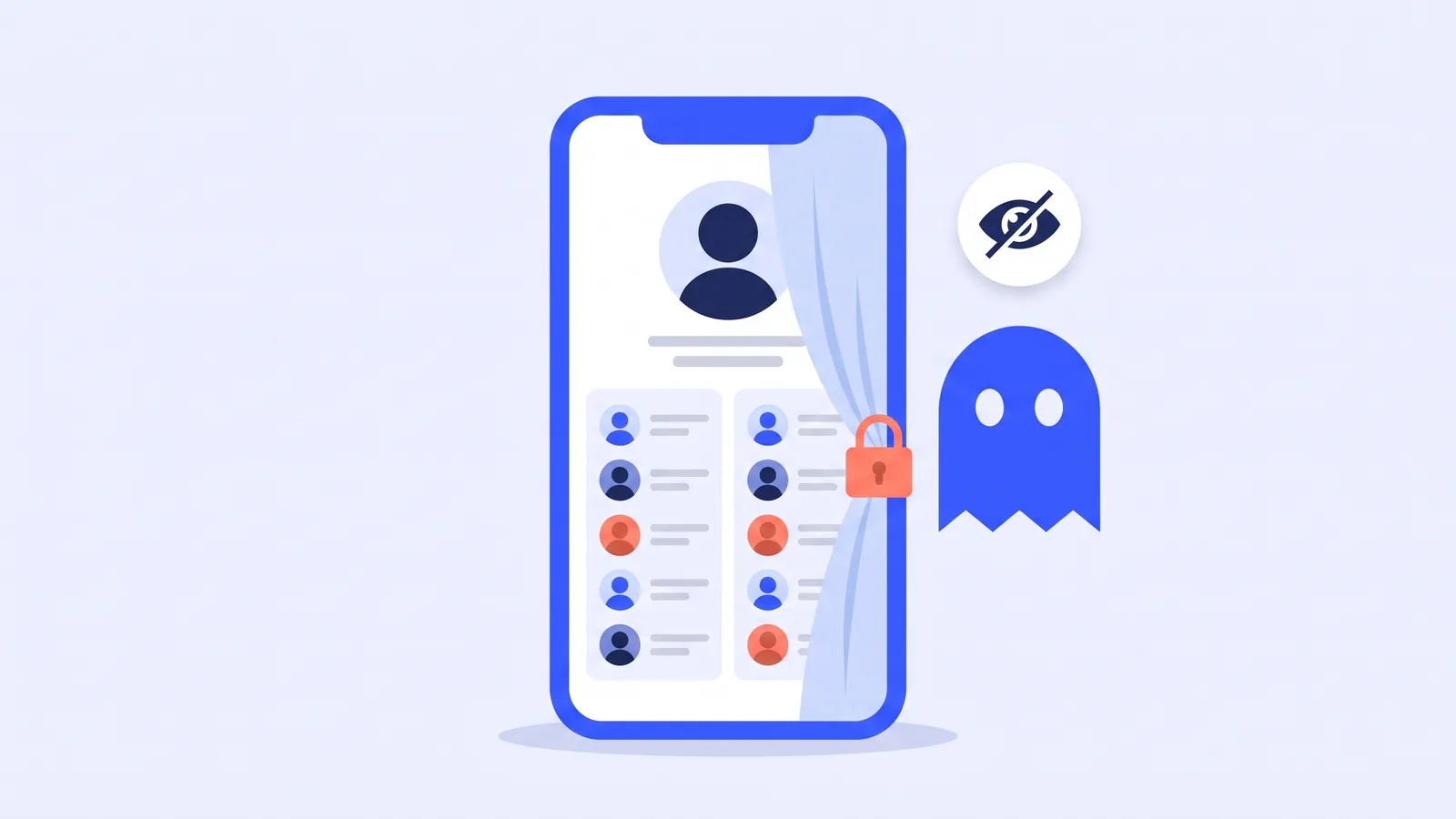 A phone showing a profile with a curtain drawn across its following list, a padlock on the curtain and the Tik Ghost ghost beside it