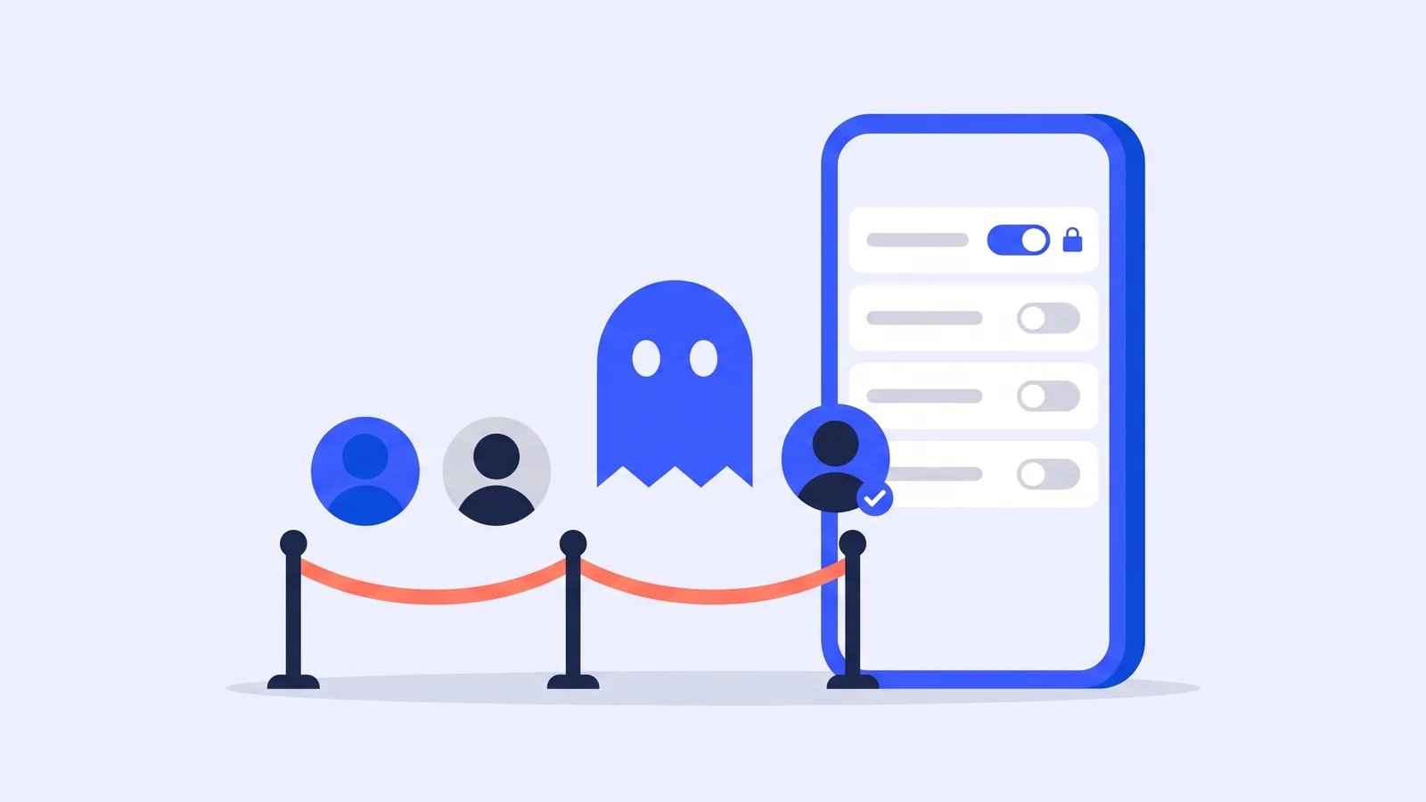 A phone with a privacy switch turned on, a velvet rope in front of it with profile badges waiting behind it, and the Tik Ghost ghost beside the rope