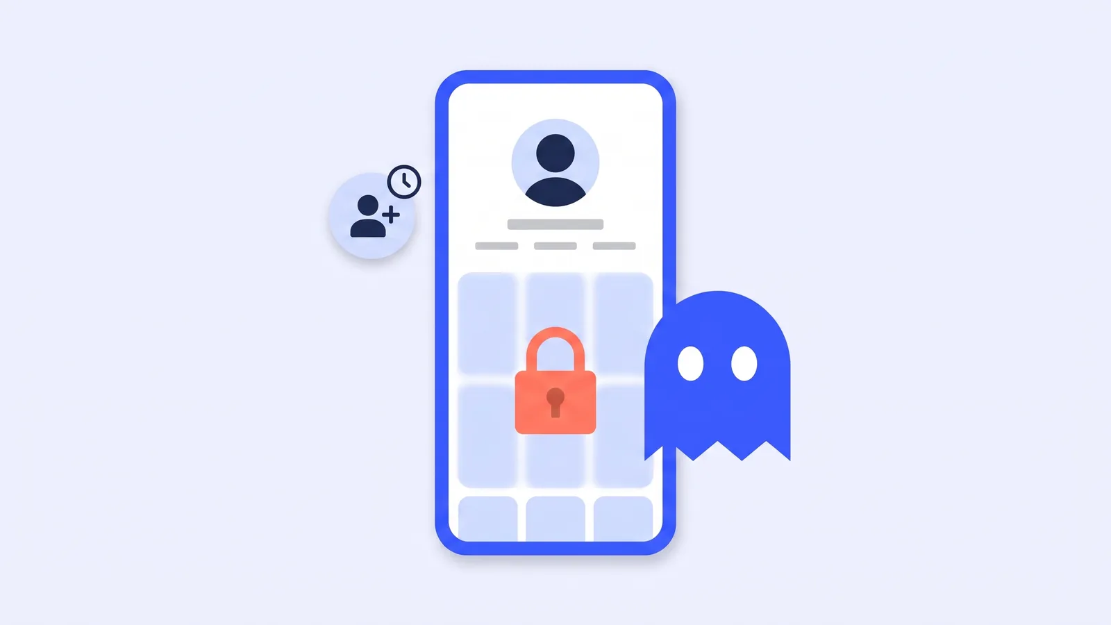 A phone showing a profile whose video grid sits under a padlocked panel, with a pending follow button beside it and the Tik Ghost ghost on the other side