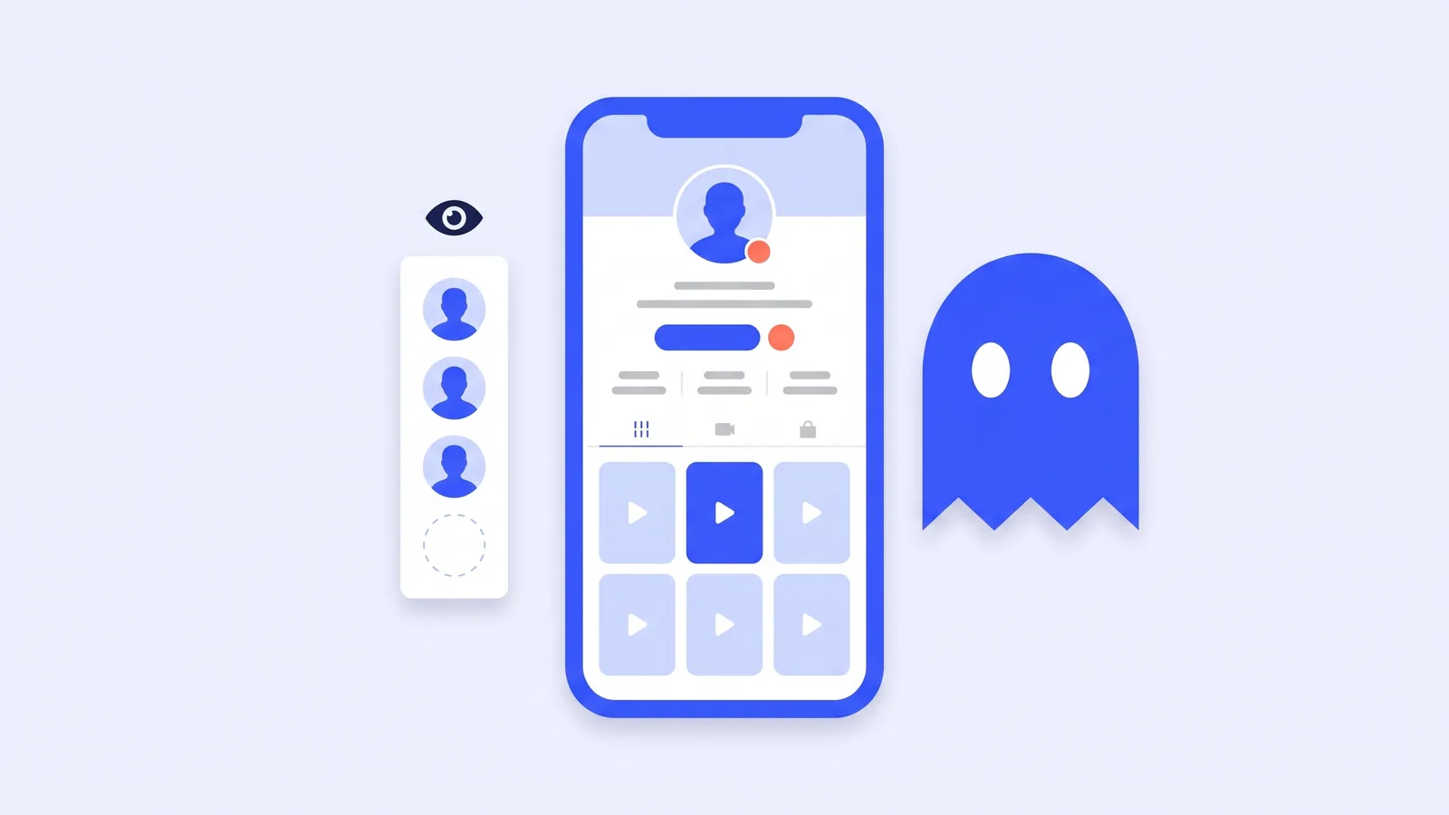 Profil sayfası açık bir telefonun yanında TikGhost hayaleti ve bir yeri boş kalmış ziyaretçi listesi